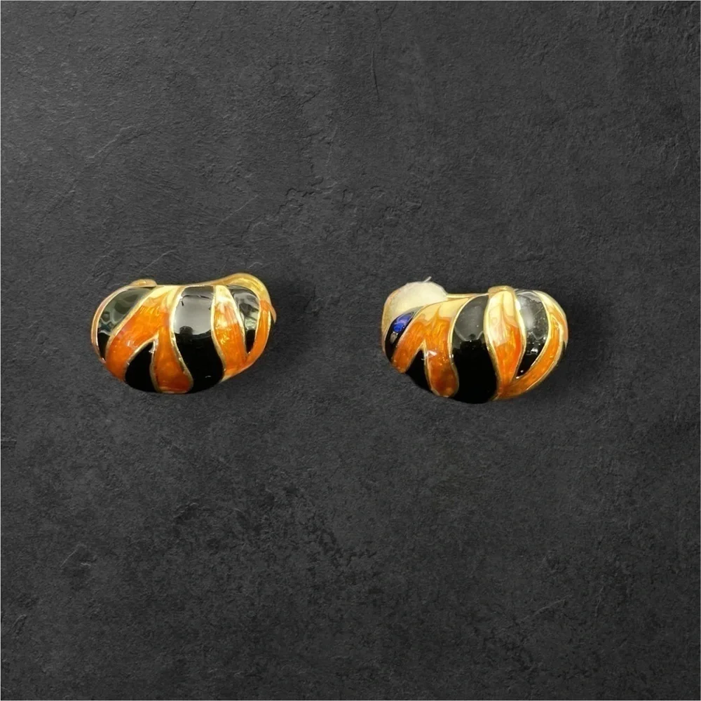 Kenneth Jay Lane Gold Tiger Stripe Half Hoop Enamel Clip Earrings